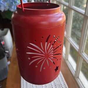Red Metal Mason Jar Shape Patriotic Firework Cut Out Lantern Battery Operate NEW